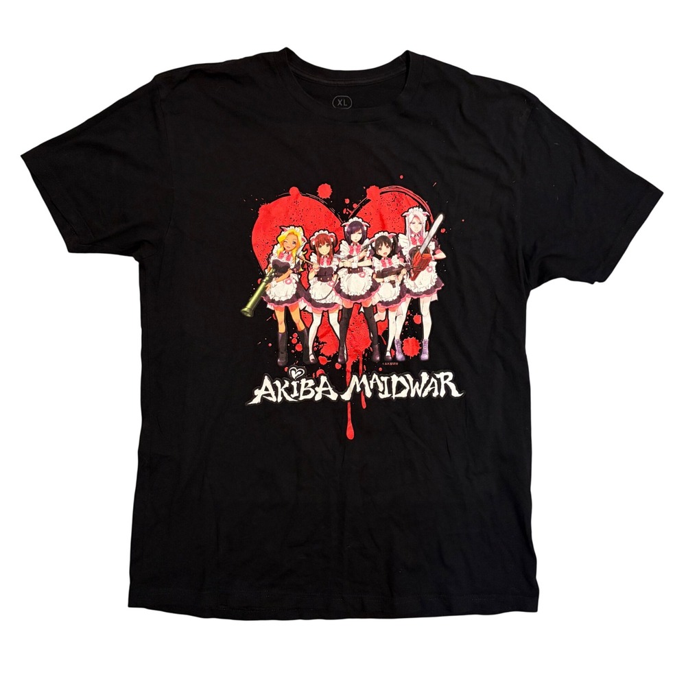 Akiba Maid War Anime Graphic T-Shirt Mens XL Black Short Sleeve Cotton Tee